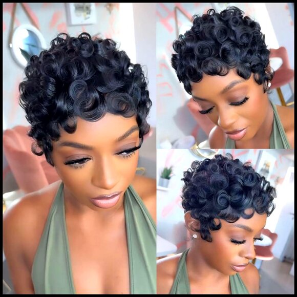 Short Curly Human Hair Wig Glueless Pre Plucked Pixie Cut With Bangs Daily Wear main image 6